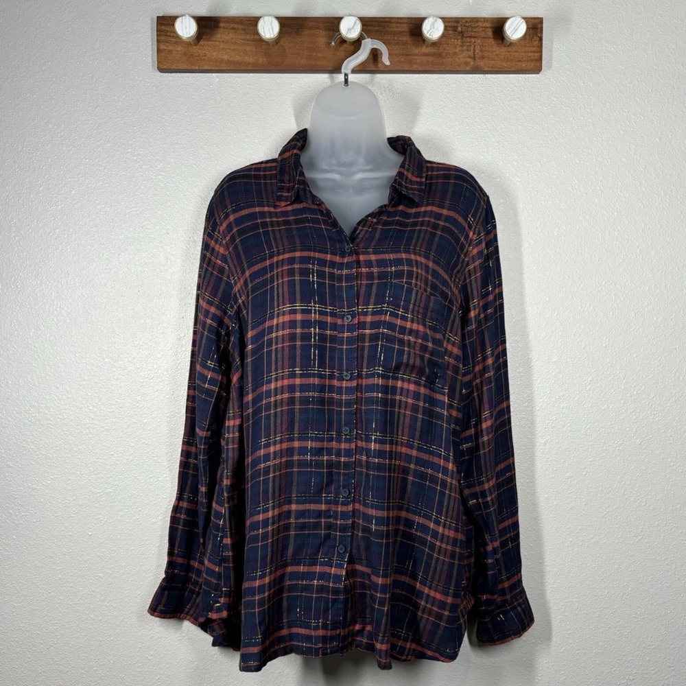 Lucky Brand Fall Metallic Plaid Button Up Size Large